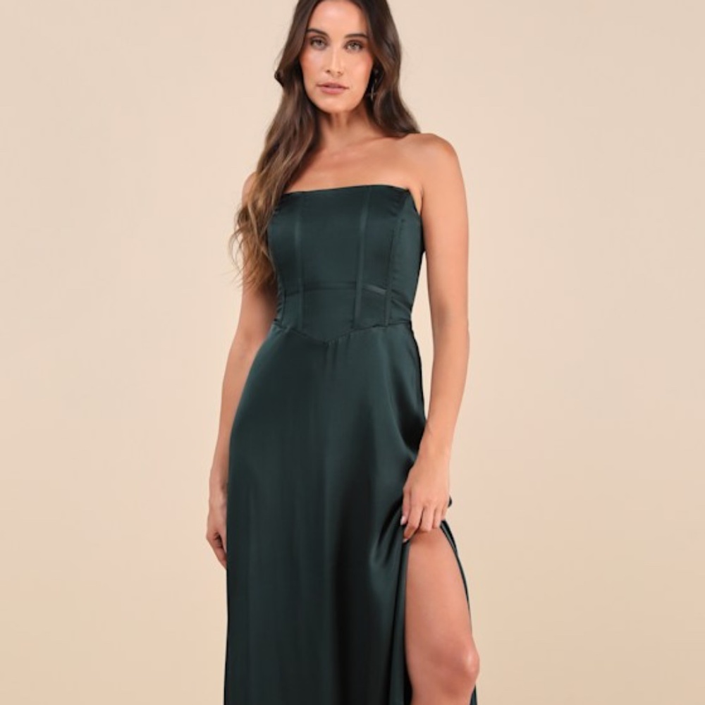 Lulus Extraordinary Presence Dark Green Satin Strapless Maxi Dress - Size S